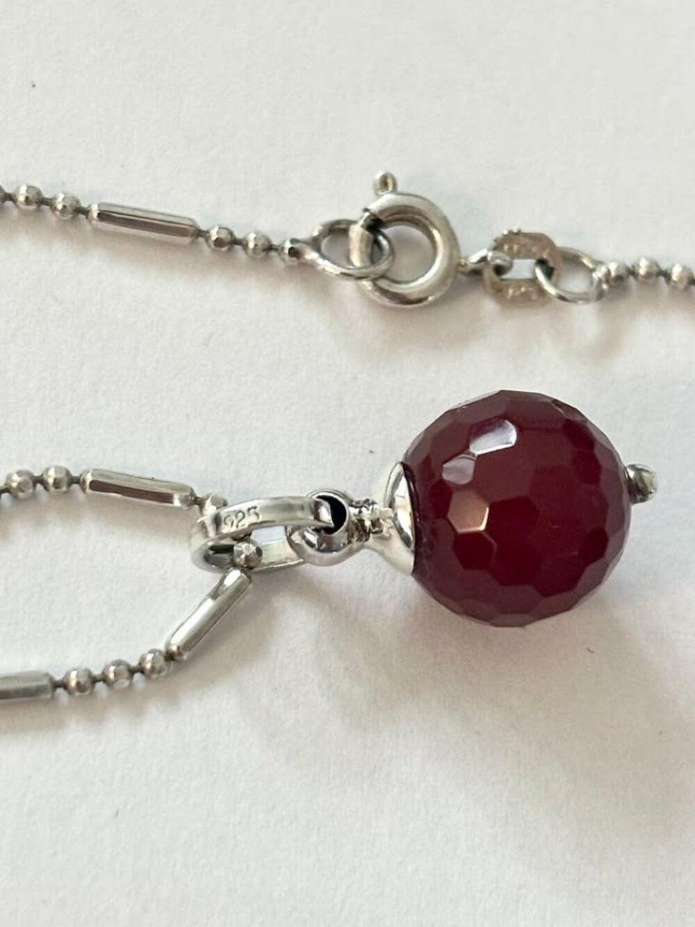 Vintage 925 Sterling Silver Faceted Red Gemstone Sphere Charm Pendant